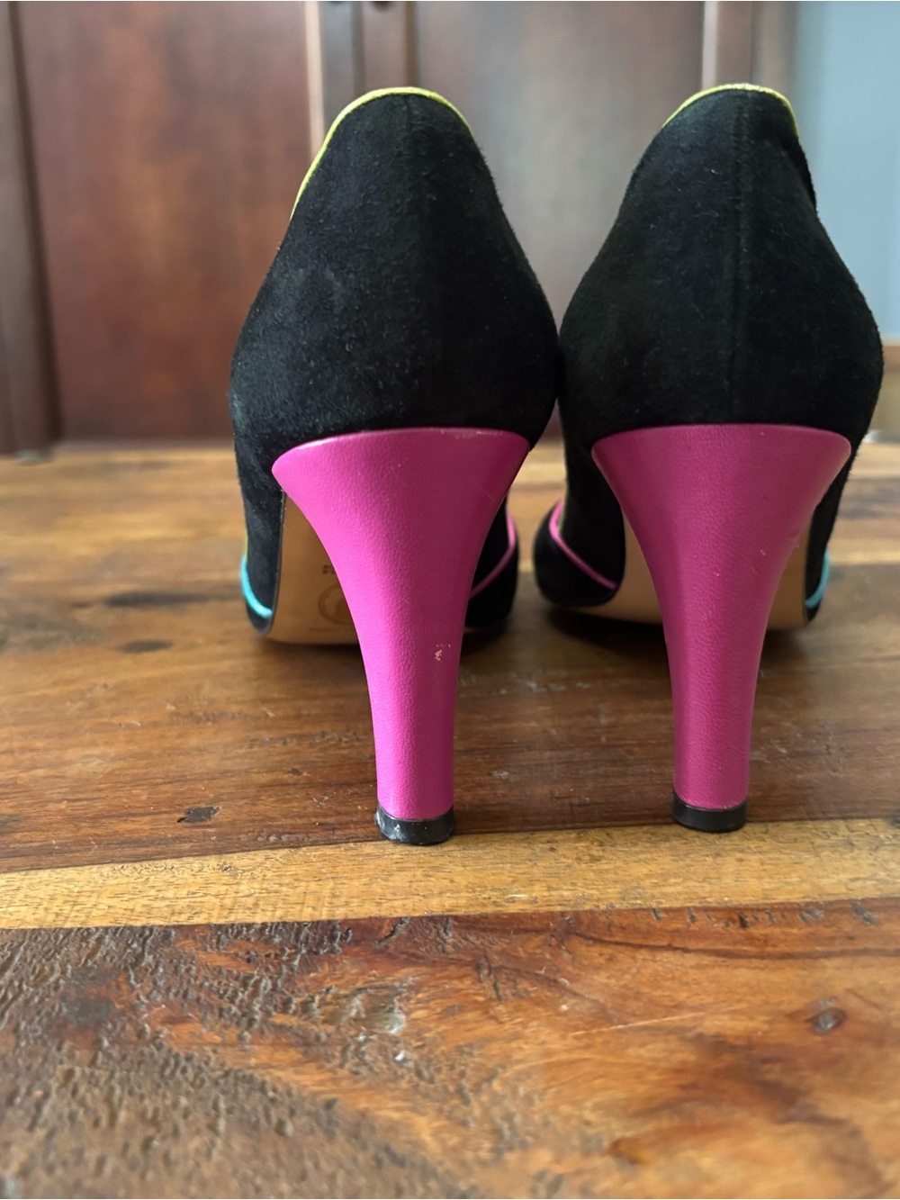 Lulu Guinness Black Suede Peep Toe Pumps with Pink, Blue & Lime Trim